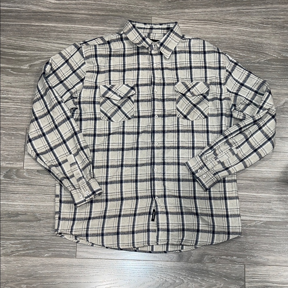 Plaid Button-Up Shirt - Tan Base Navy and Brown